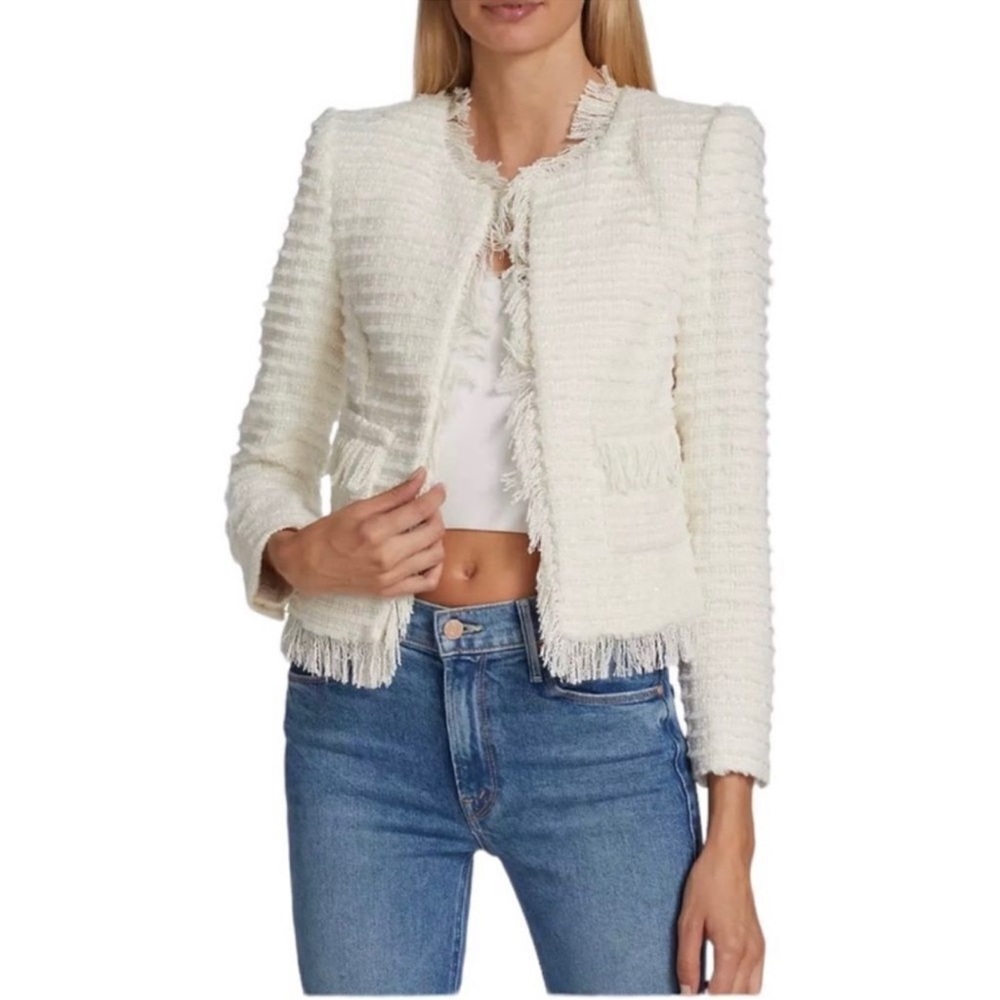 L'AGENCE Cream Textured Fringed Tweed Jacket